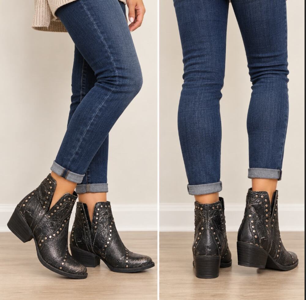 Very Volatile Decode Black Leather Studded Western Cutout Ankle Boots 6